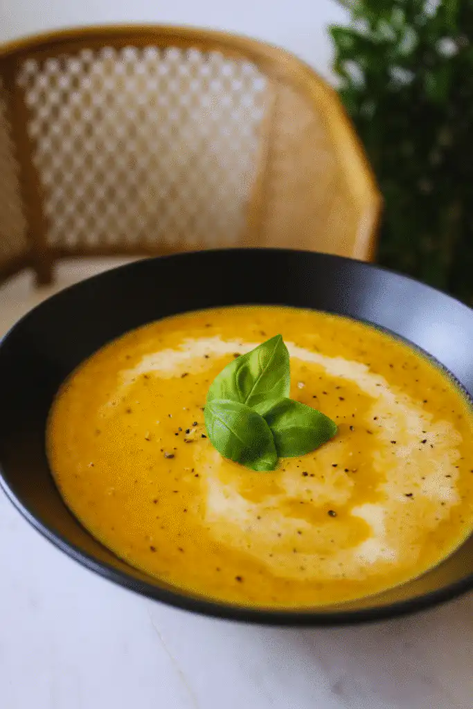 : creamy roasted veggie soup in rustic setting