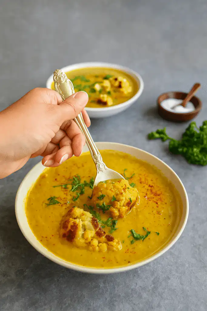 Mediterranean Vegan Cauliflower Soup with Roasted Cauliflower