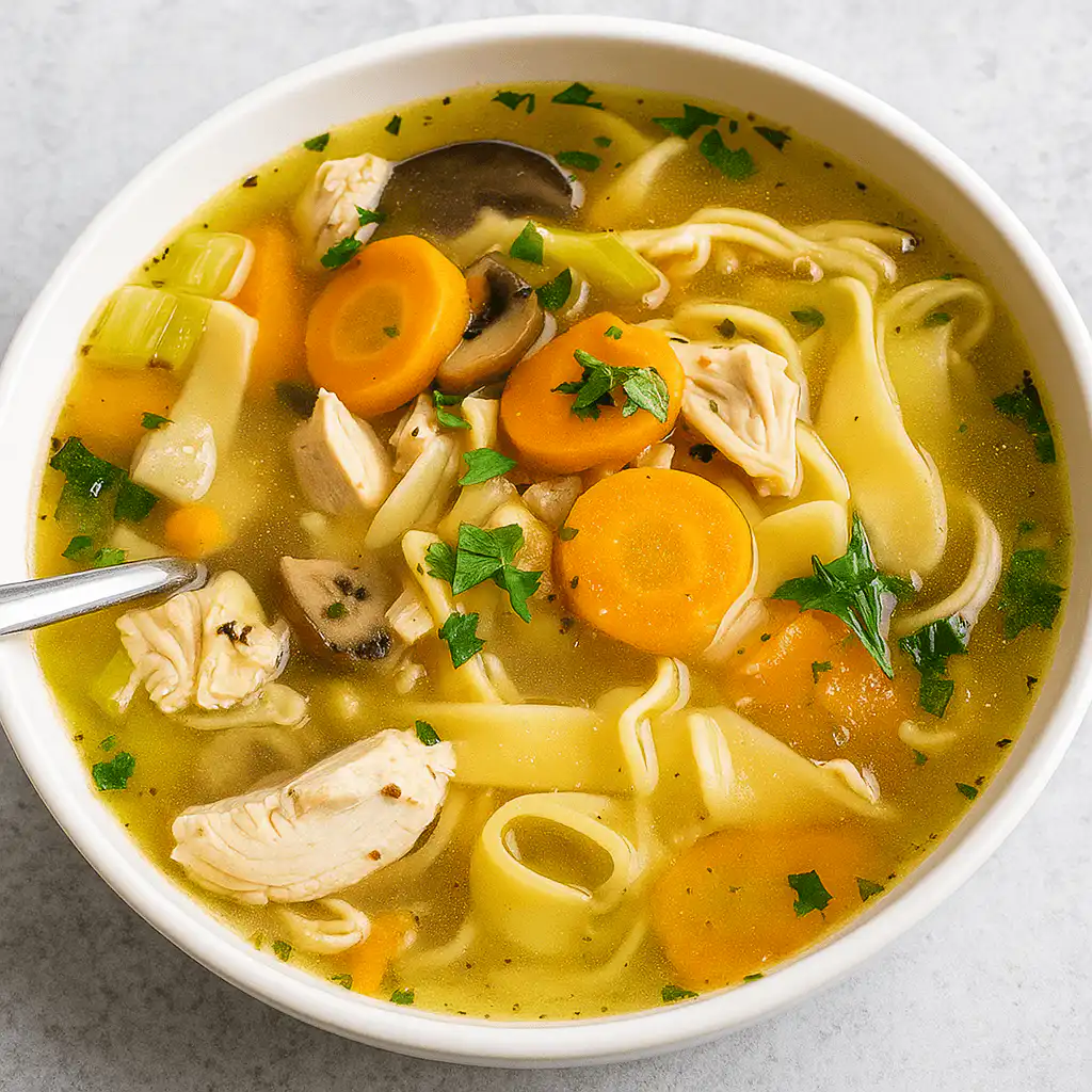 Healthy Turkey Noodle Soup in rustic bowl