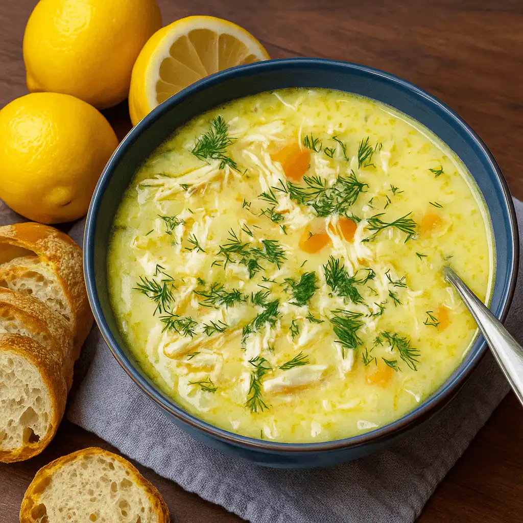 Avgolemono Soup in a bowl with lemon and dill garnish