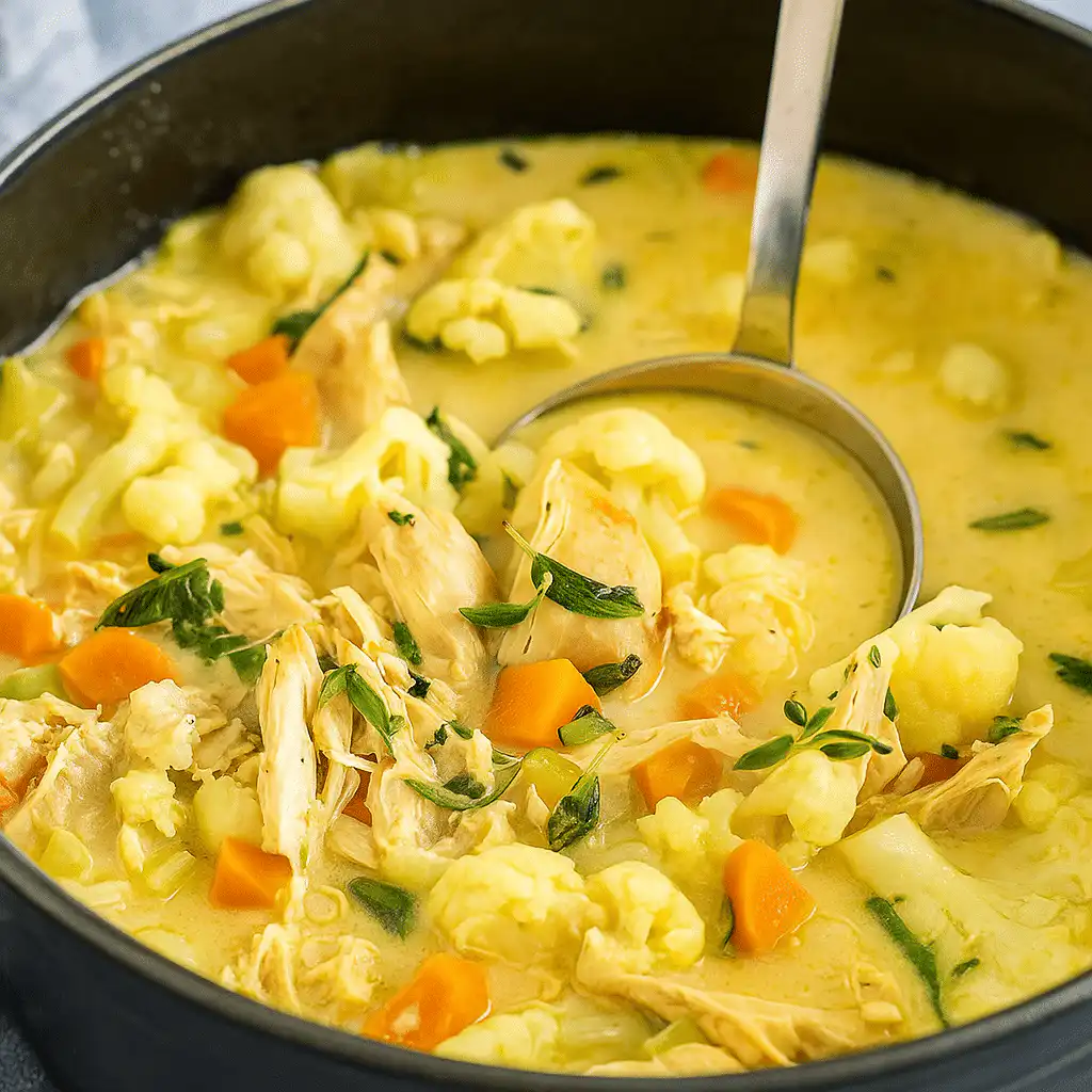 Easy Chicken Cauliflower Soup in rustic bowl
