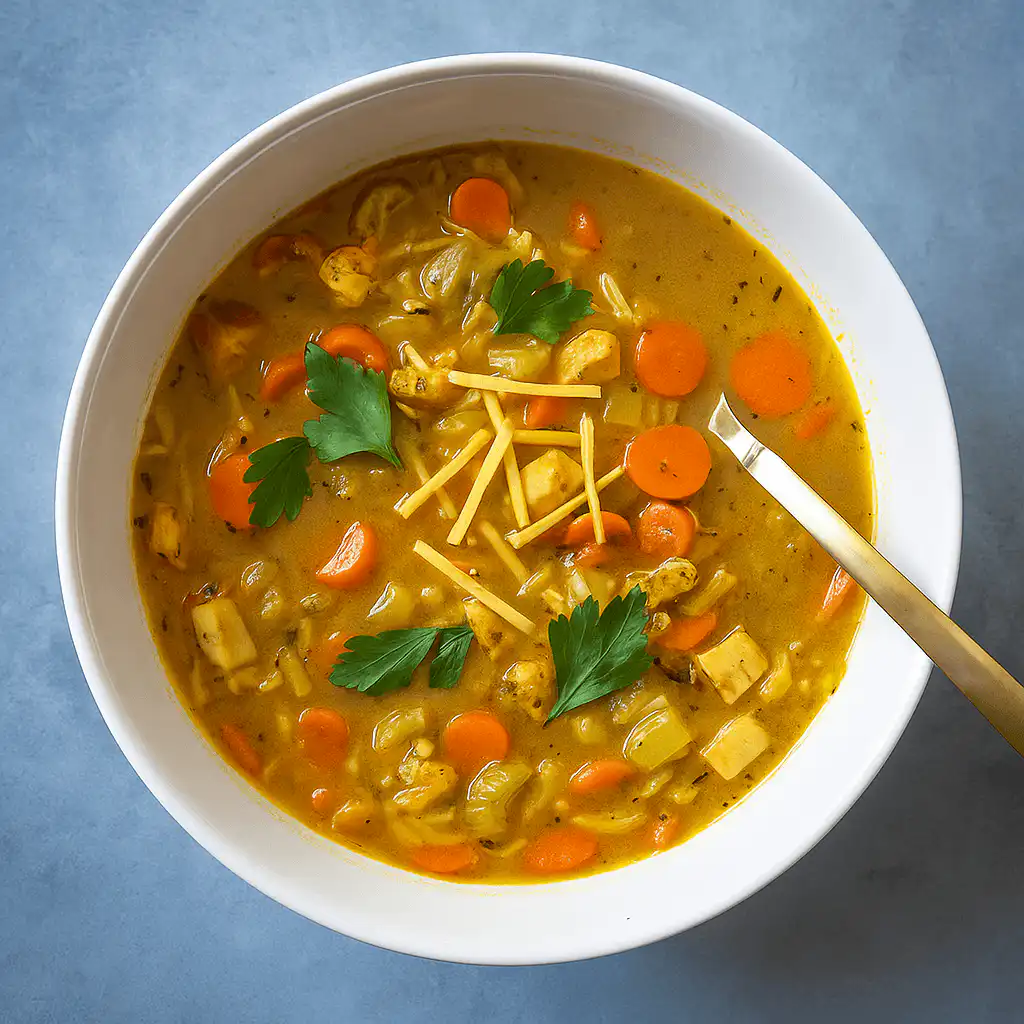 Lemon-Ginger Chicken and Rice Soup in a warm cozy setting
