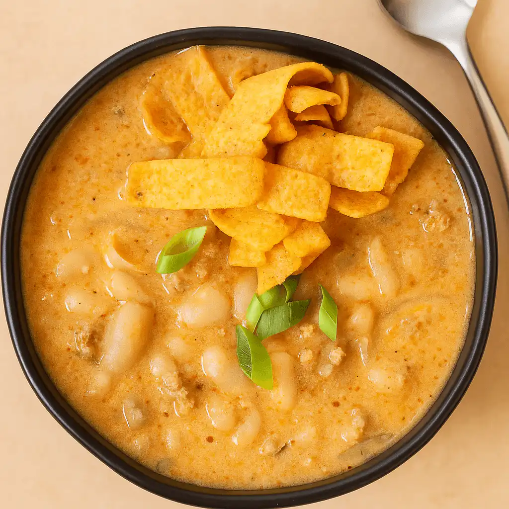 Creamy White Turkey Chili in a bowl topped with Fritos and cheese