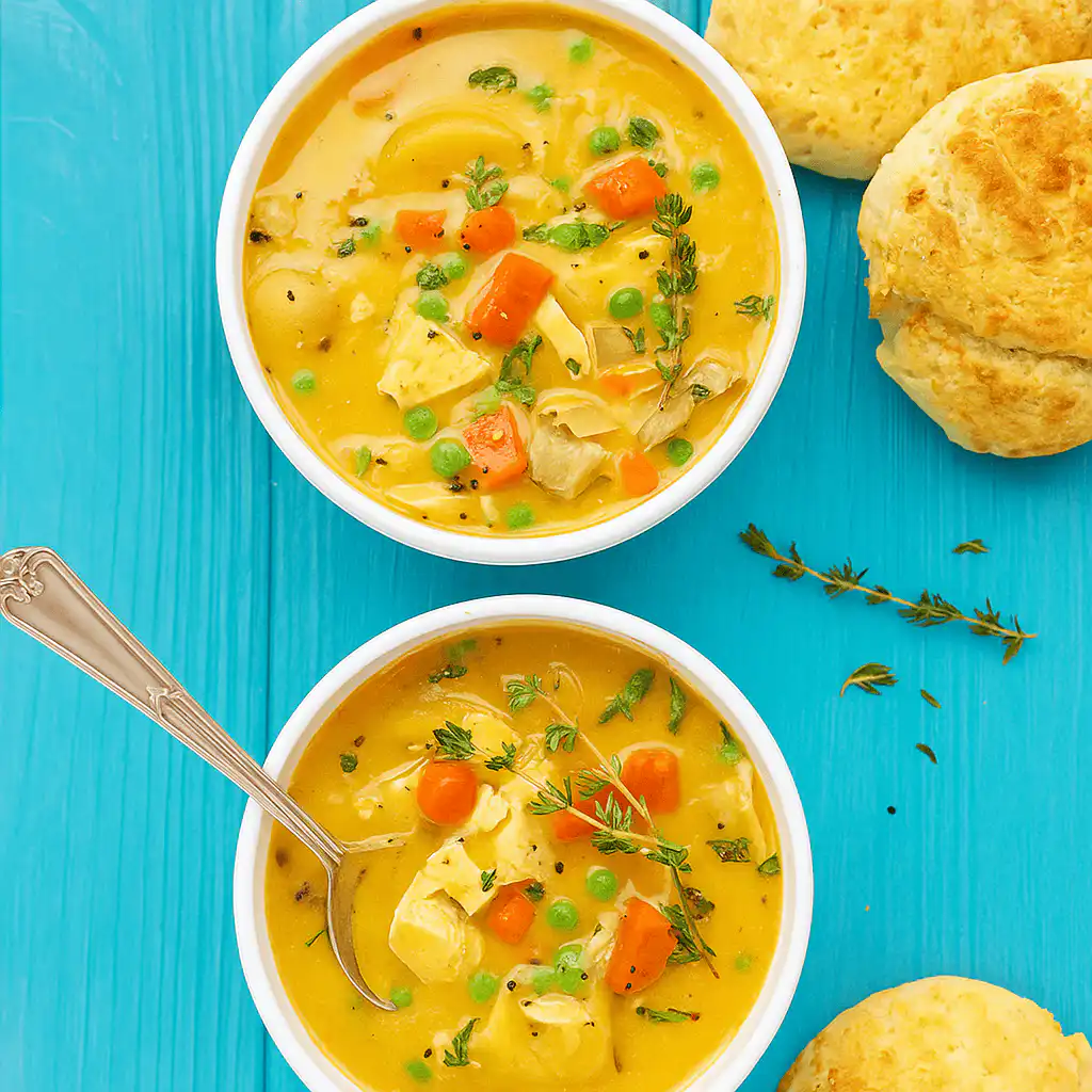 Overhead view of healthy chicken pot pie soup in bowls