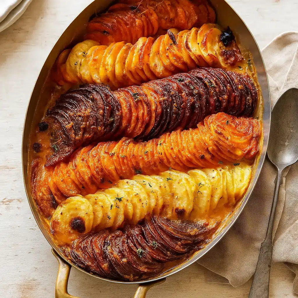 Cheesy Root Vegetable Gratin with beets and sweet potatoes