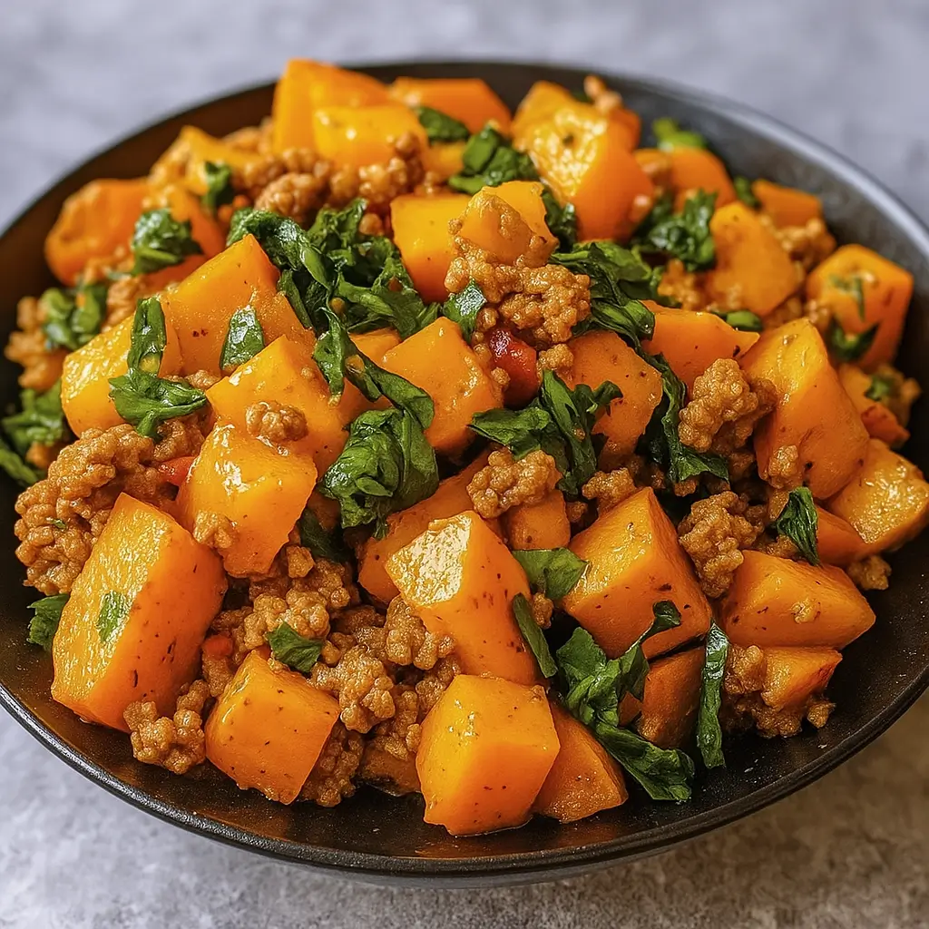 Hearty Ground Turkey Sweet Potato Skillet in a rustic pan