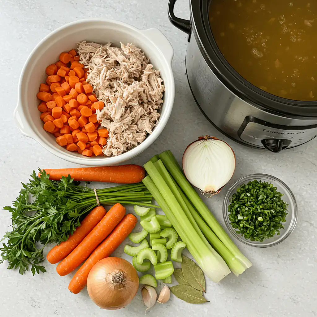 Slow Cooker Turkey Soup ingredients laid out on counter