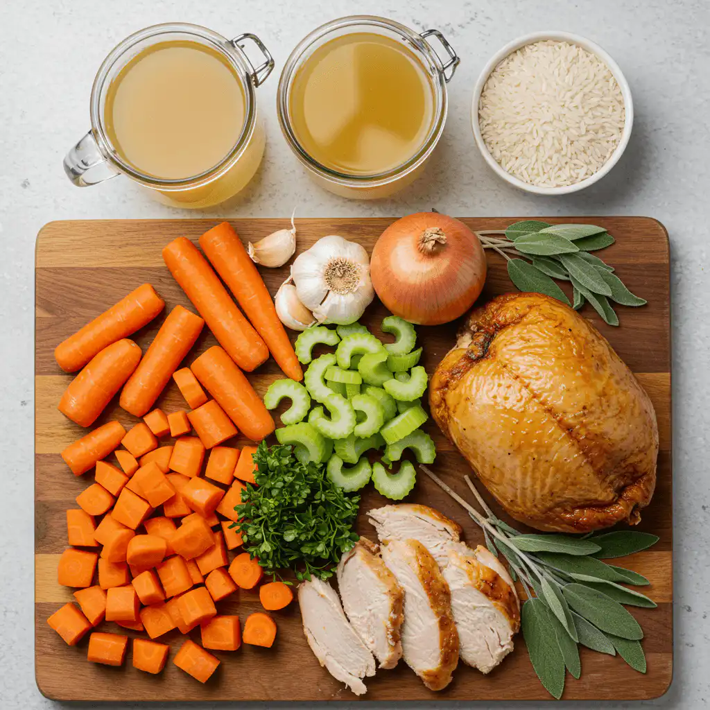 Ingredients for Turkey Soup with Rice on a wooden board