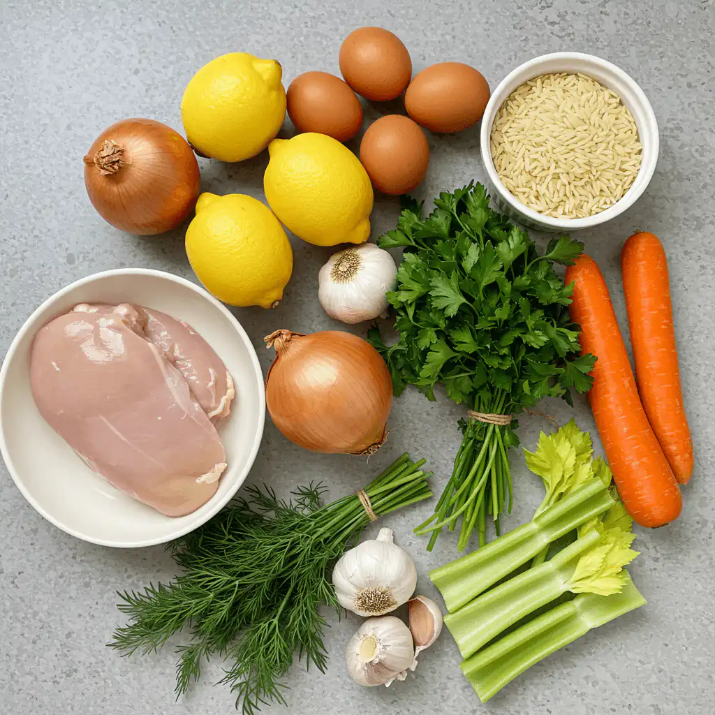 Ingredients for Avgolemono Soup including chicken, lemons, eggs, and herbs