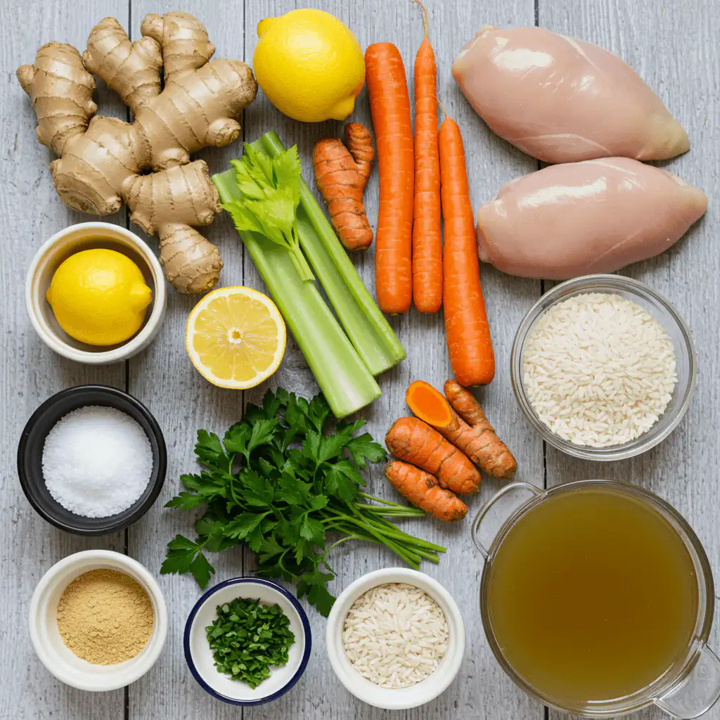 Ingredients for Lemon-Ginger Chicken and Rice Soup