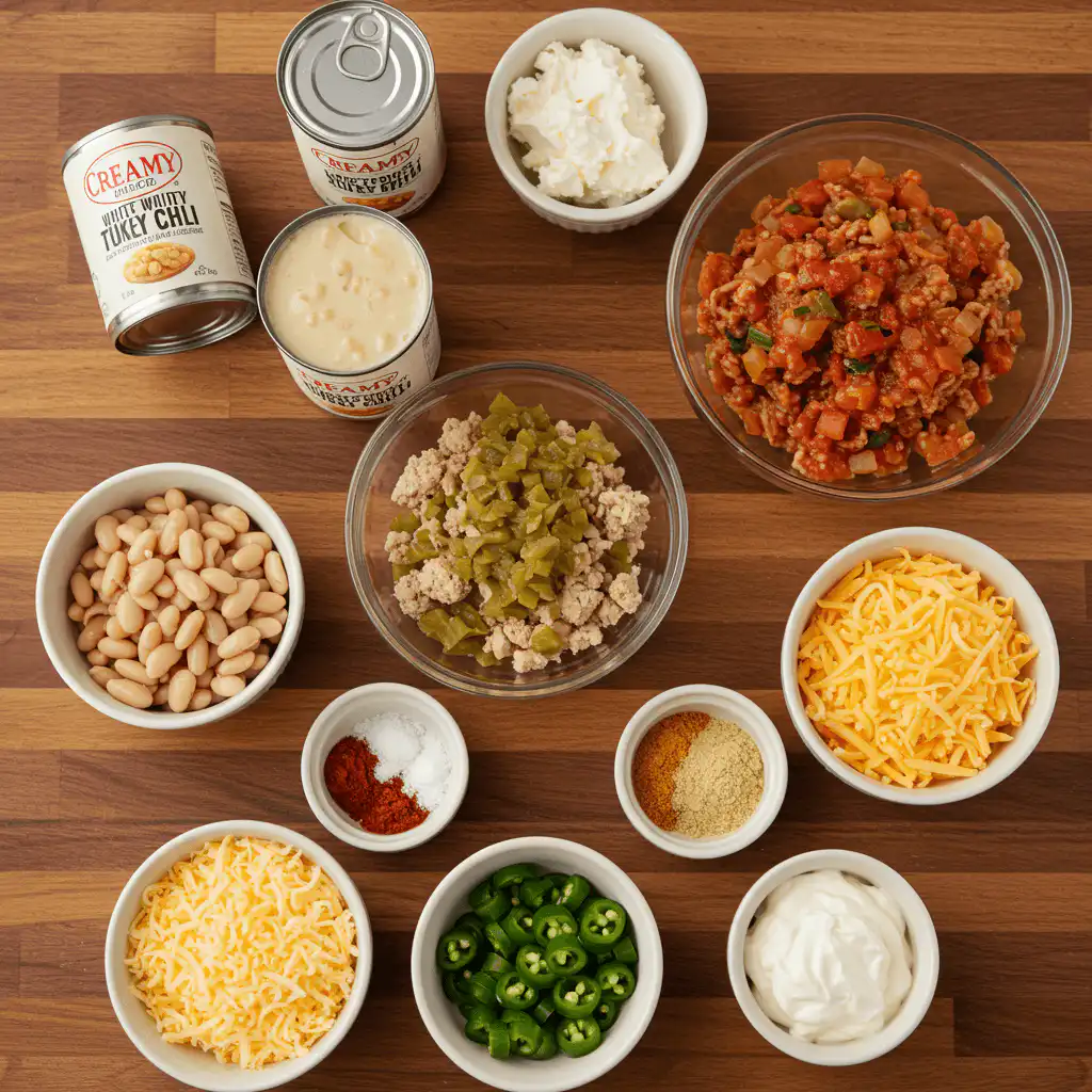 Ingredients for Creamy White Turkey Chili on wooden counter