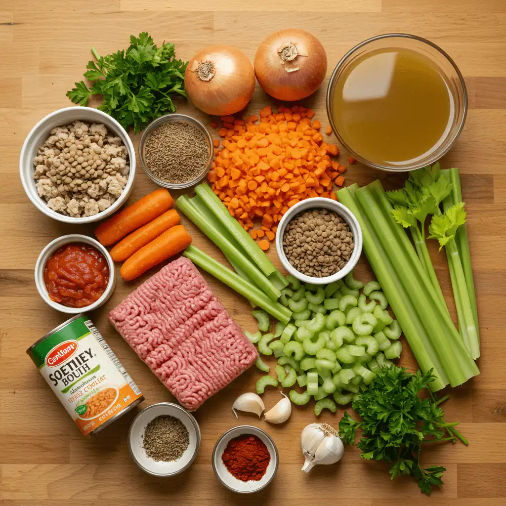 Ingredients for Lentil Turkey Soup laid out on counter