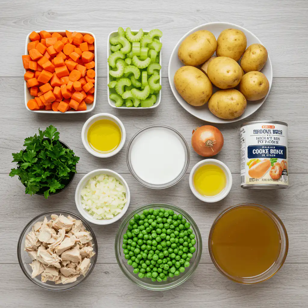 Ingredients for Healthy Chicken Pot Pie Soup on a wooden counter