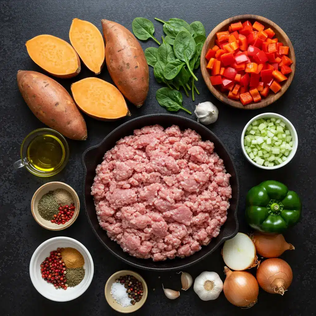 Ingredients for ground turkey sweet potato skillet laid out