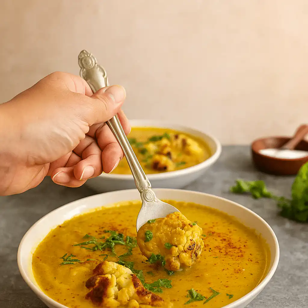 Anti Inflammatory Turmeric Chicken Soup in bowl with vegetables and herbs