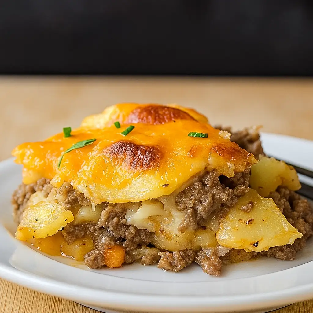 Easy Hamburger Potato Casserole with melted cheese