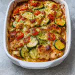 Best Mediterranean Chicken Zucchini Bake in baking dish