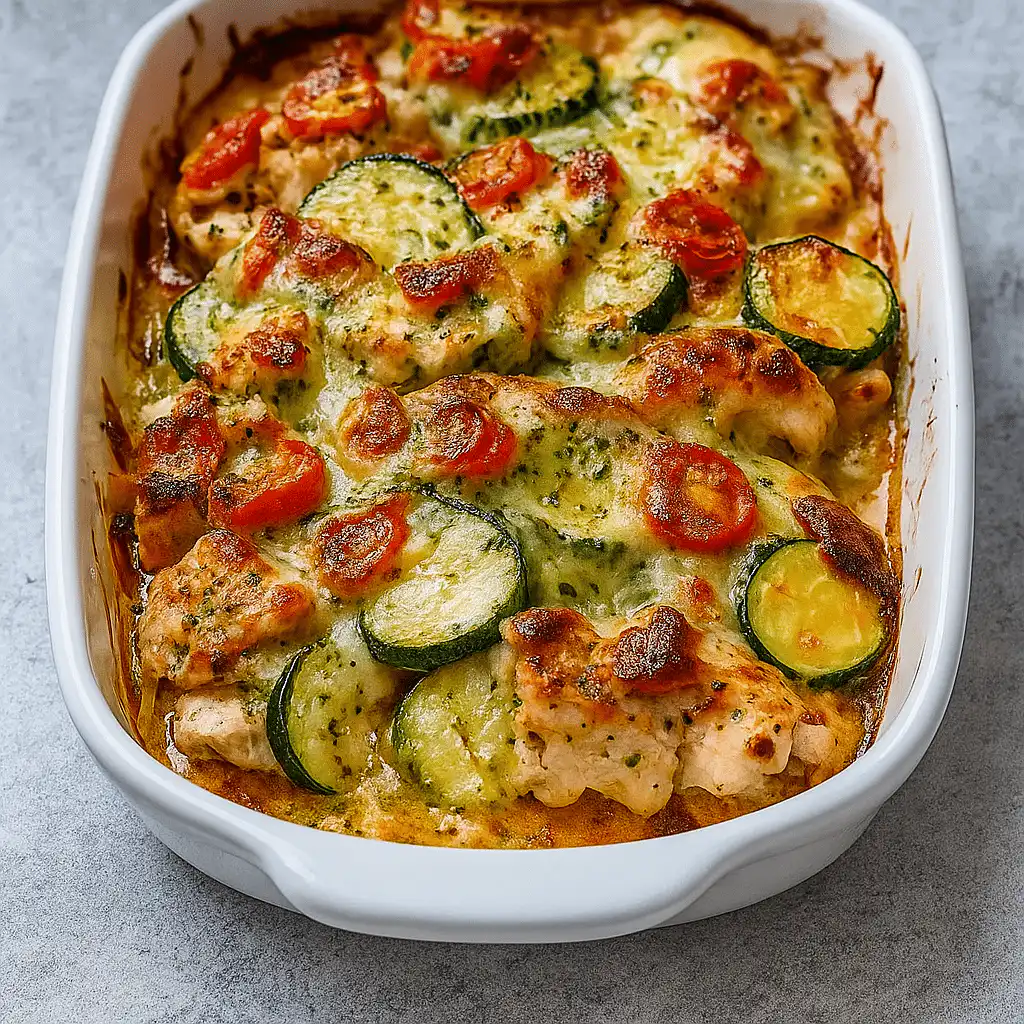 Best Mediterranean Chicken Zucchini Bake in baking dish