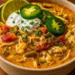 Cajun White Chicken Chili served in a rustic bowl with toppings