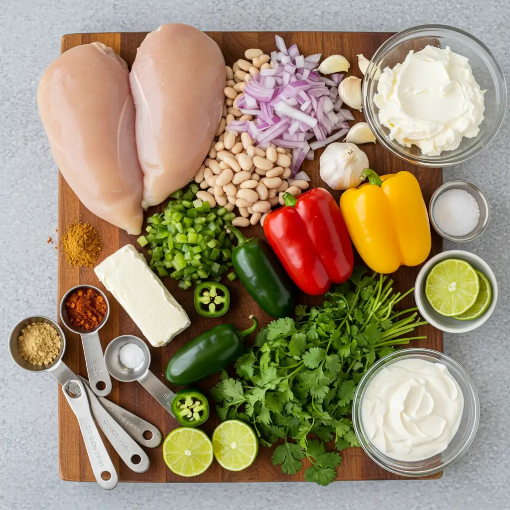 Ingredients for Cajun White Chicken Chili on a wooden board