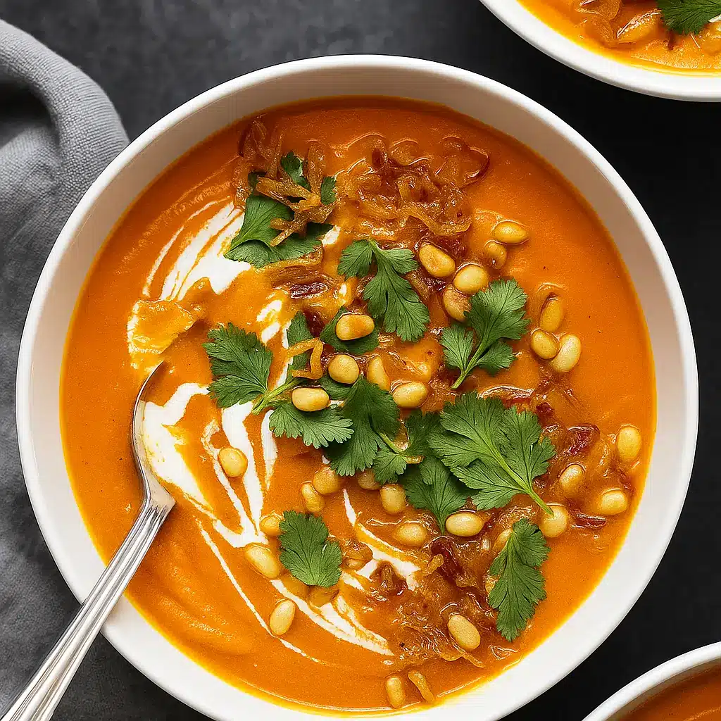Carrot ginger soup with coconut cream and toppings