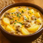 cheesy hamburger potato soup served hot in a bowl