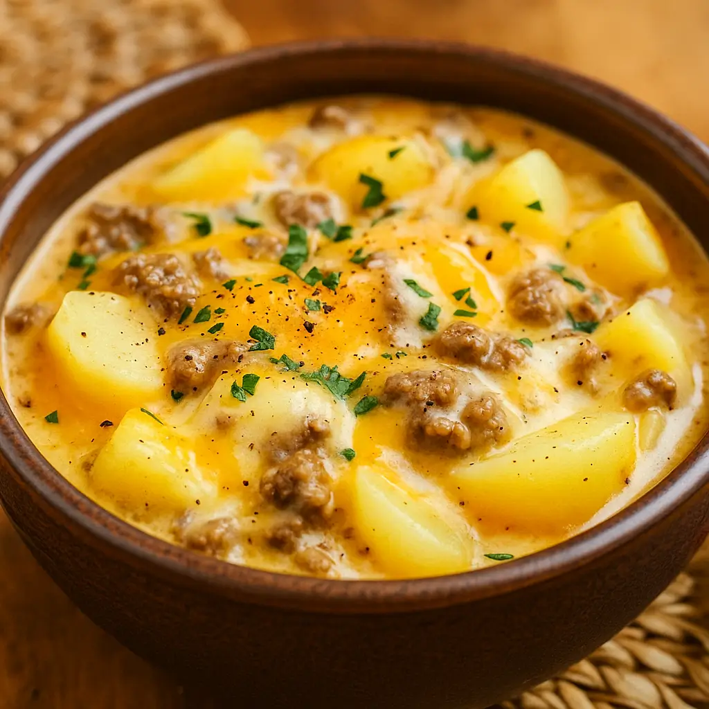 cheesy hamburger potato soup served hot in a bowl
