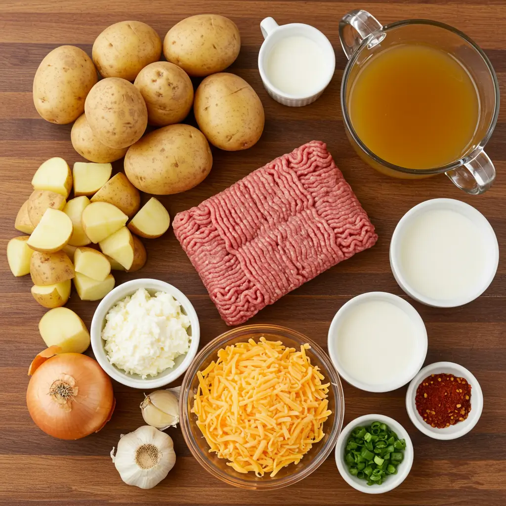 ingredients for cheesy hamburger potato soup laid out