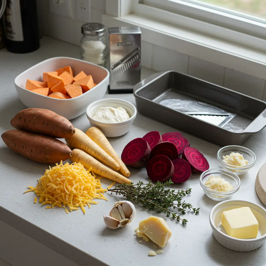 Ingredients for Cheesy Root Vegetable Gratin