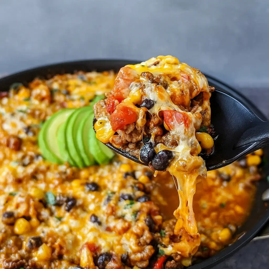 Cheesy Taco Rice Skillet in cast iron pan with toppings