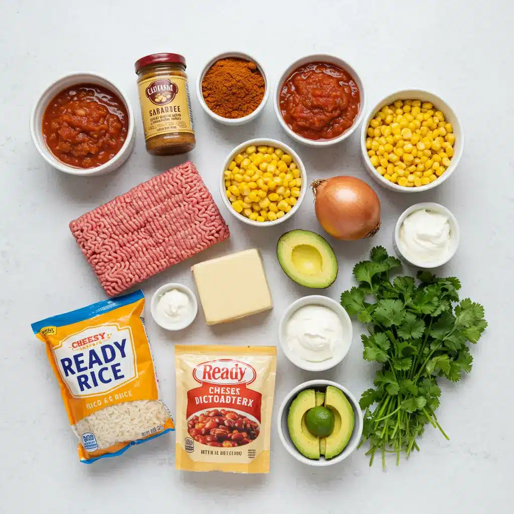 Ingredients for Cheesy Taco Rice Skillet recipe