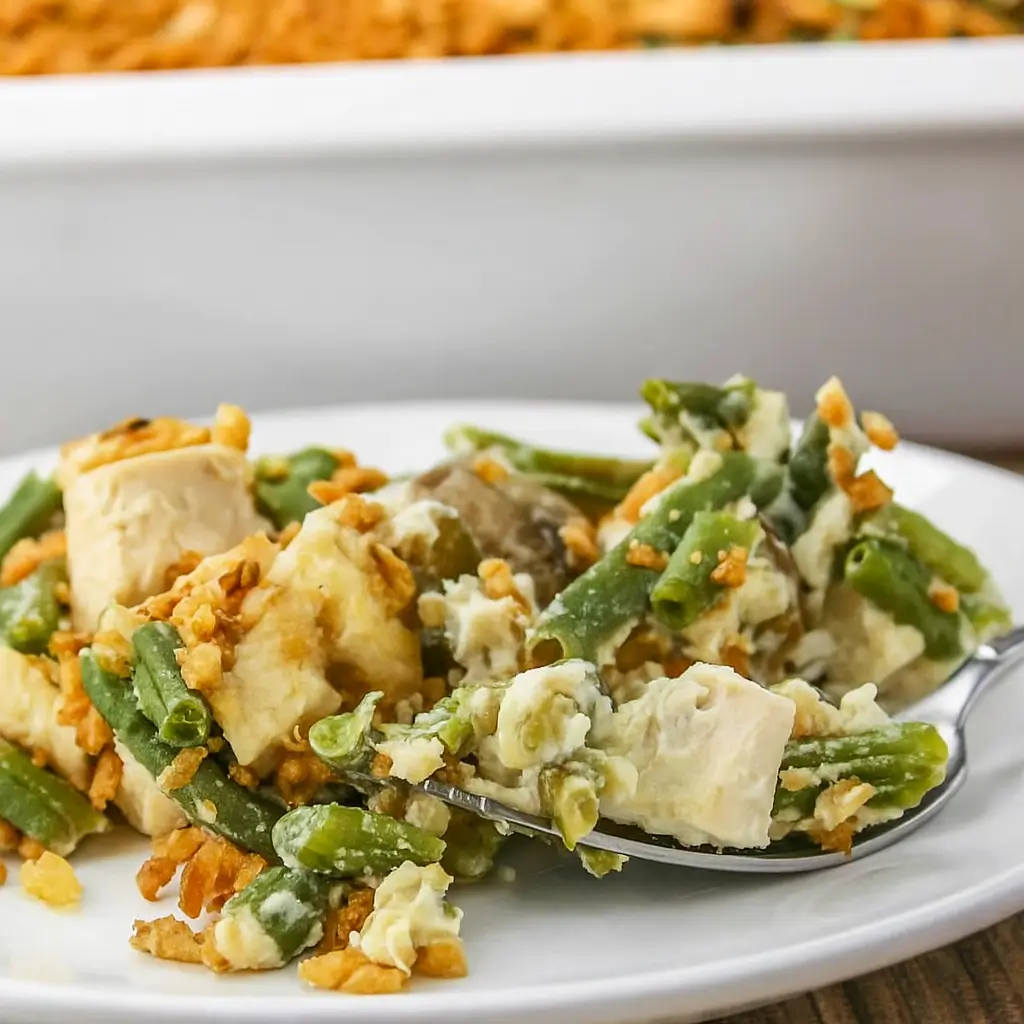 Chicken and Green Bean Casserole in white baking dish