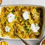 Dump-and-Bake Chicken Tzatziki with Rice in Baking Dish