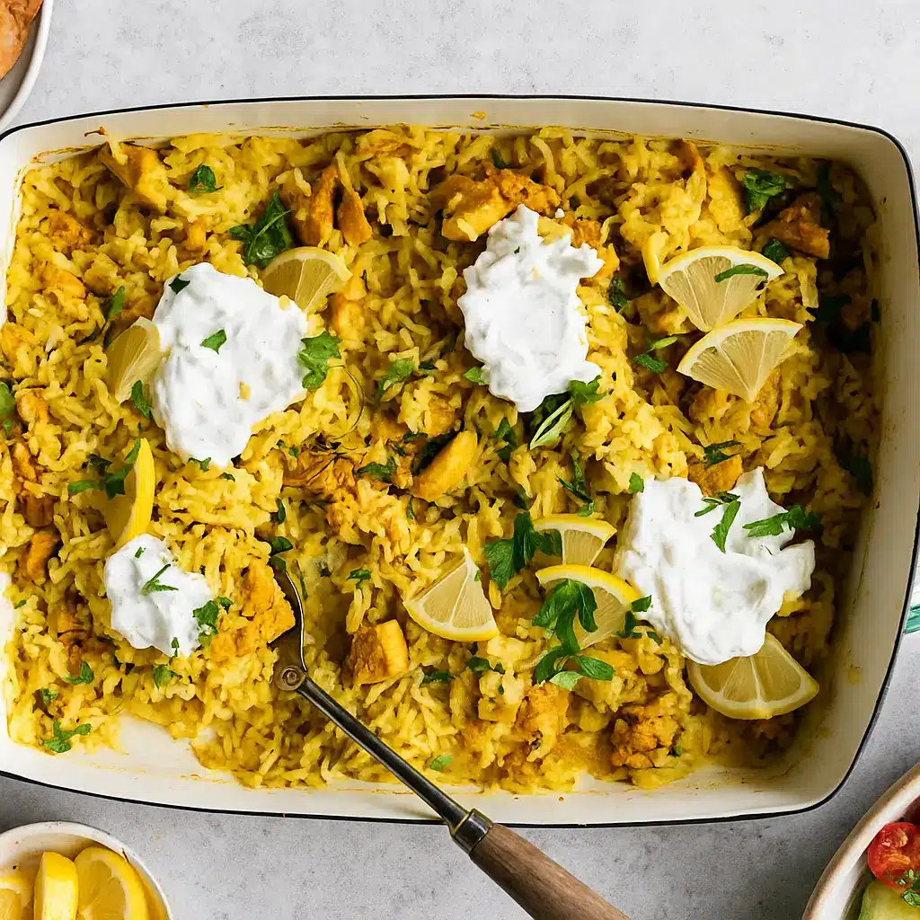 Dump-and-Bake Chicken Tzatziki with Rice in Baking Dish