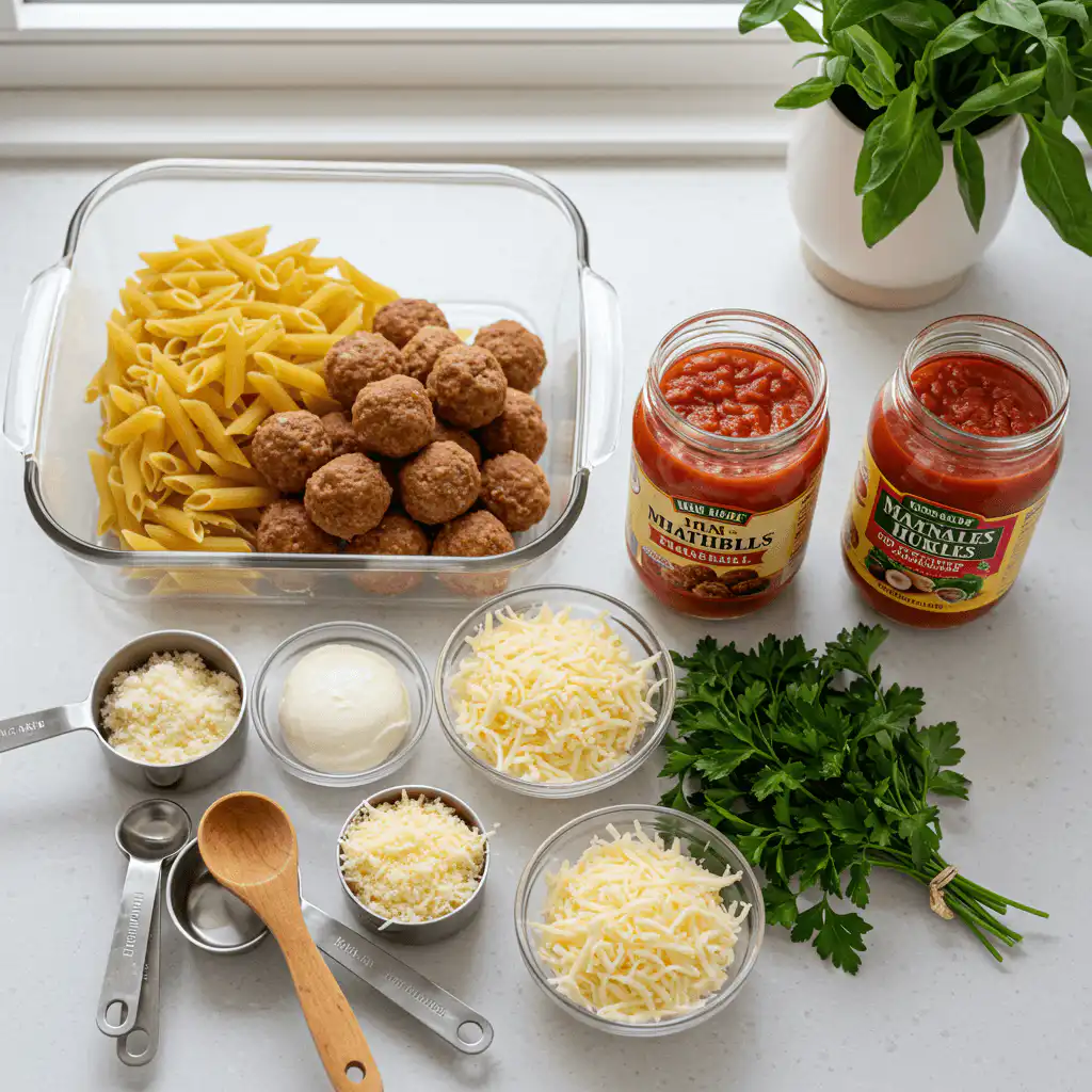 Ingredients for Dump-and-Bake Meatball Casserole