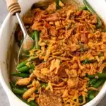 gluten-free easy green bean casserole in white baking dish