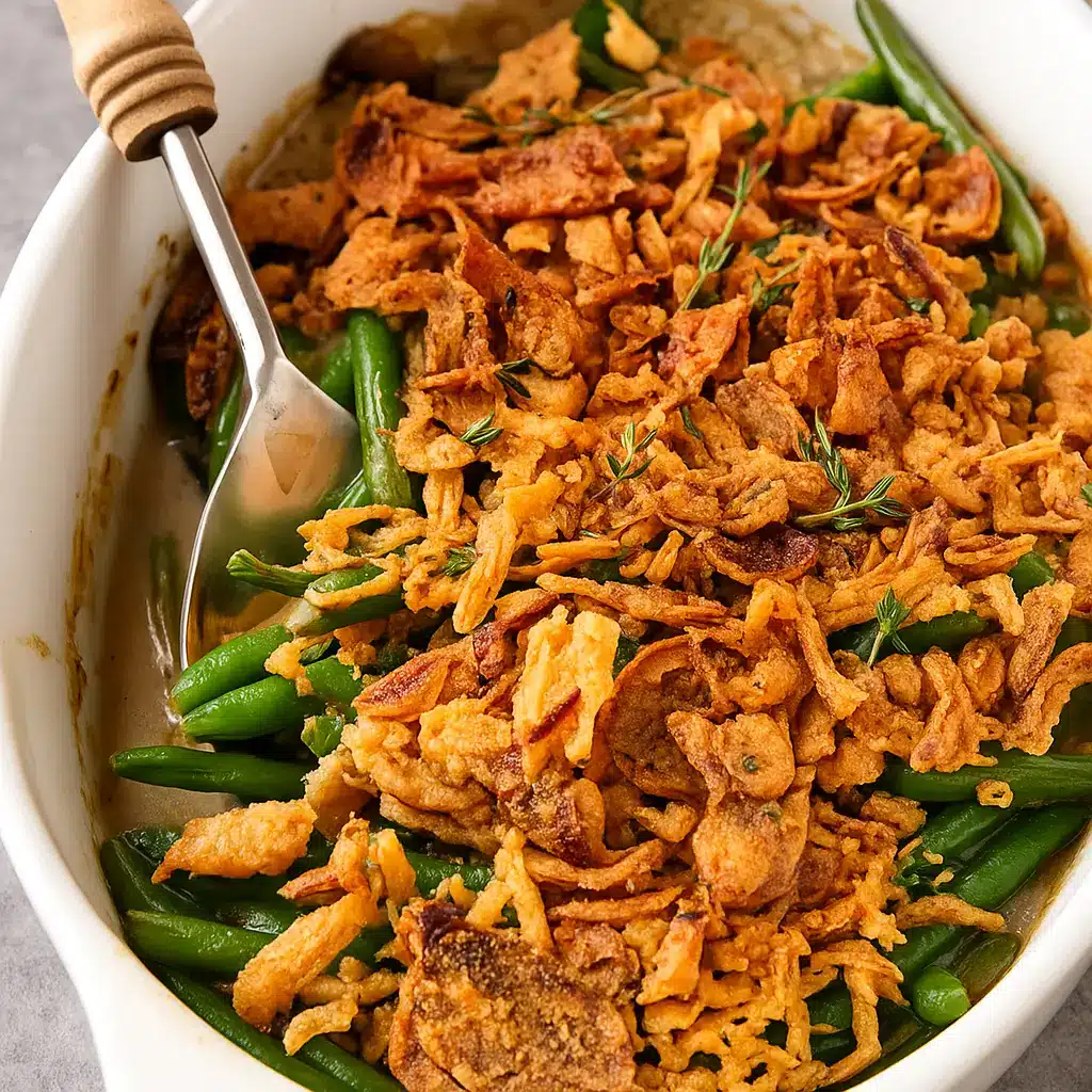 gluten-free easy green bean casserole in white baking dish