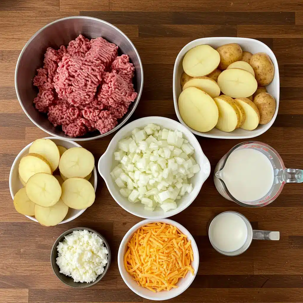Easy Hamburger Potato Casserole raw ingredients layout
