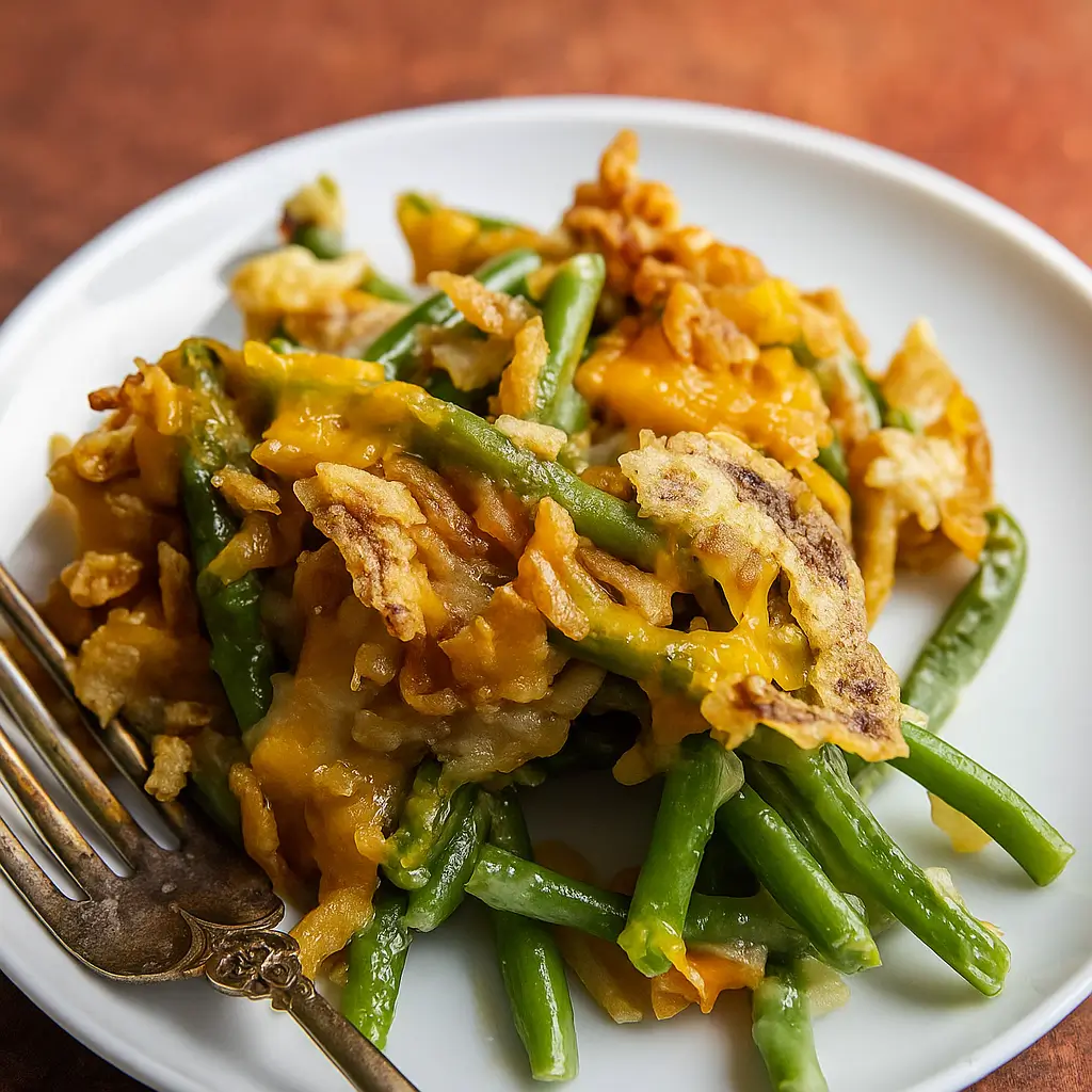 Green Bean Casserole in white baking dish with crispy onions