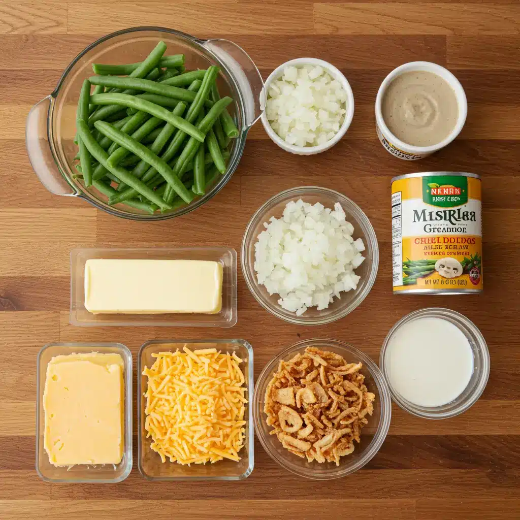 Ingredients for green bean casserole on kitchen counter