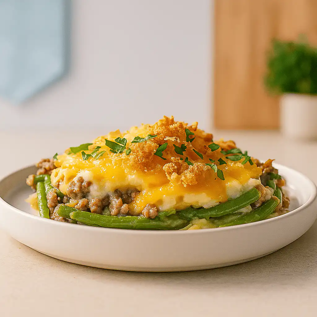 Hamburger Green Bean Casserole fresh from the oven