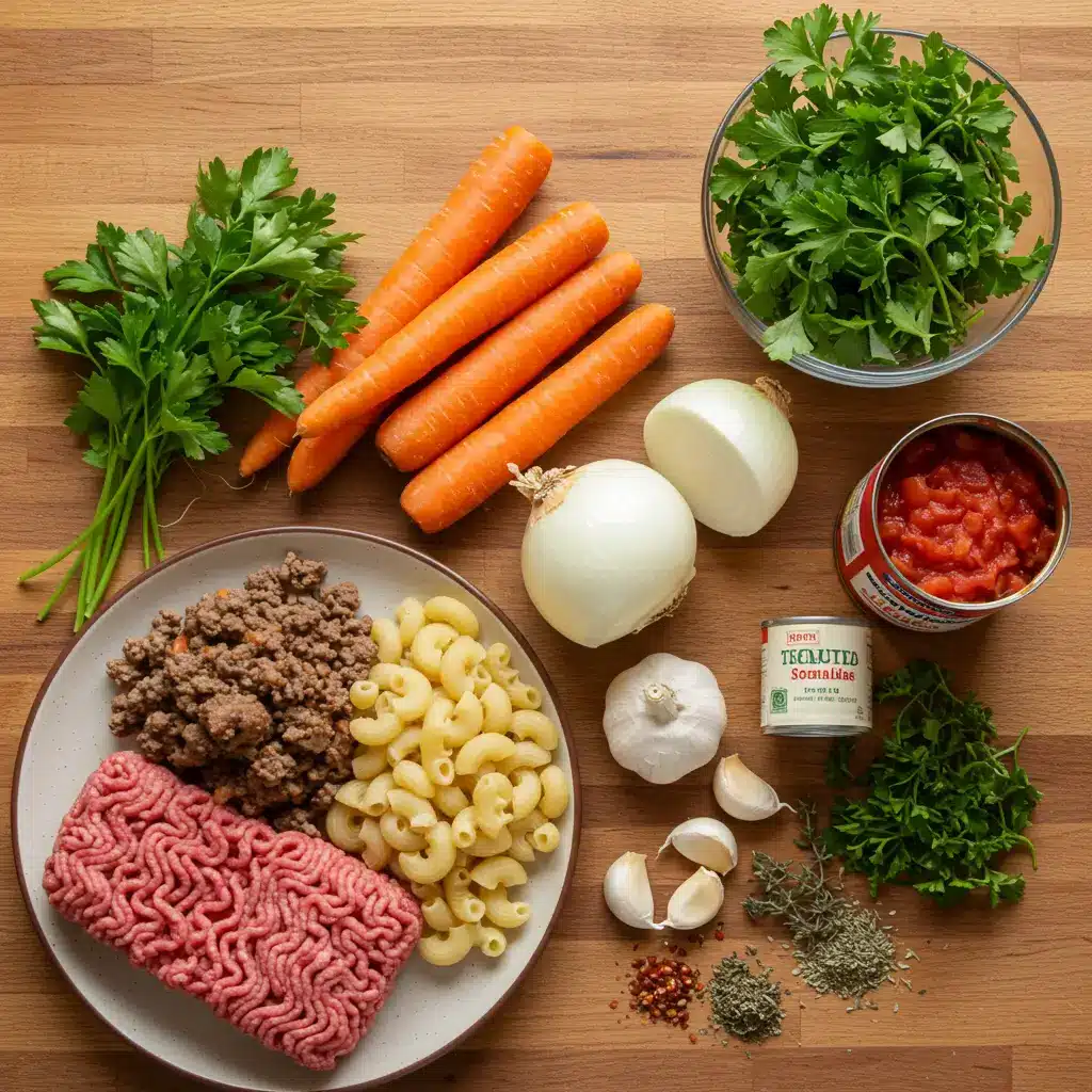 Ingredients for Tasty Hamburger Soup with Macaroni laid out
