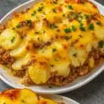 Hobo Casserole Ground Beef freshly baked in a white dish