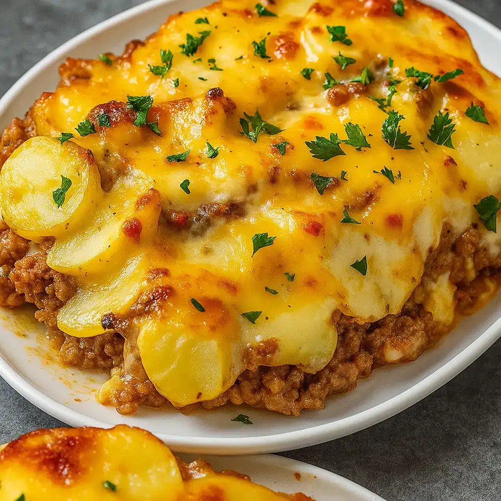 Hobo Casserole Ground Beef freshly baked in a white dish