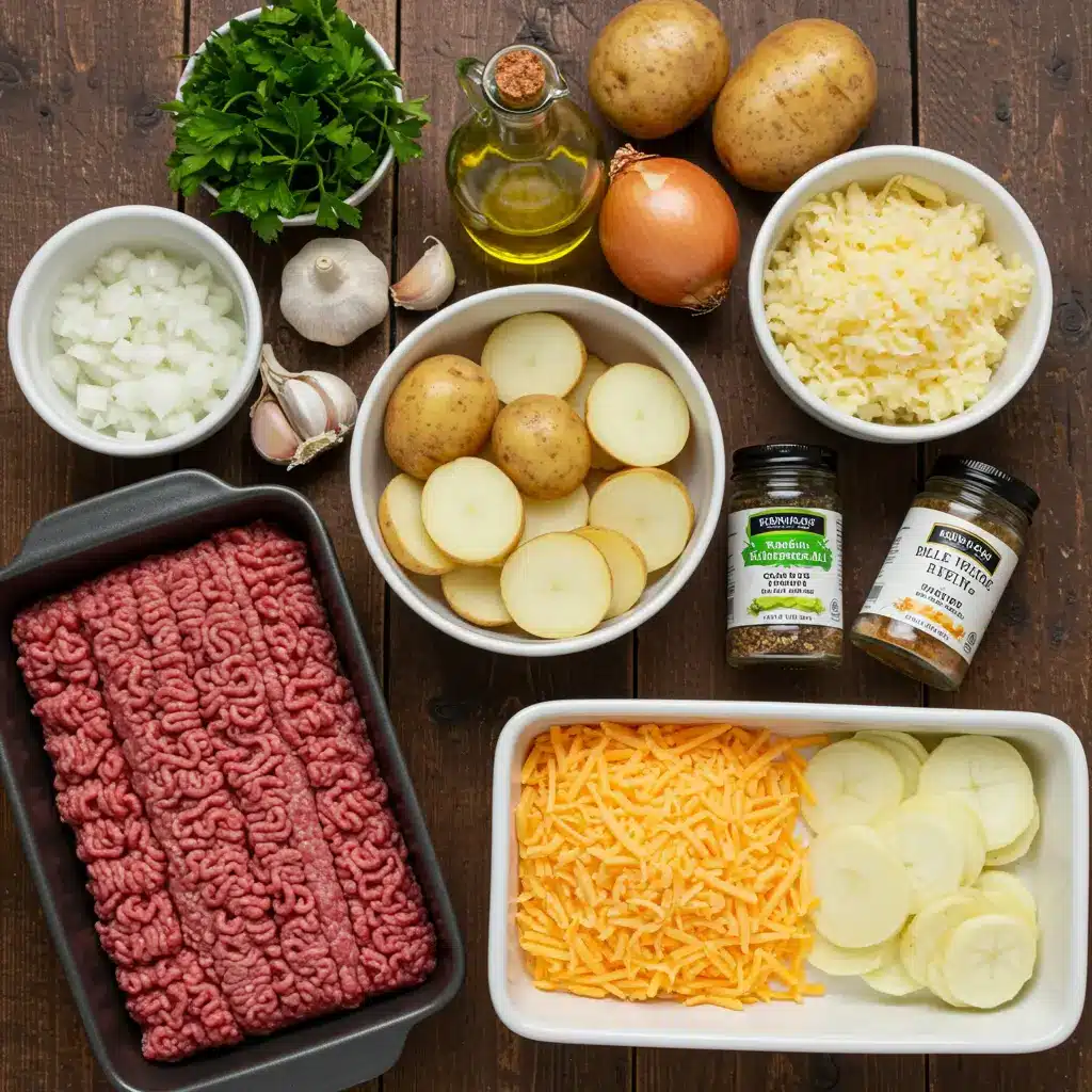 Ingredients for Hobo Casserole Ground Beef on wooden table