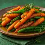 Honey glazed carrots and green beans on serving platter