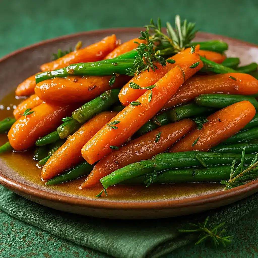 Honey glazed carrots and green beans on serving platter
