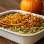 Irresistible Campbells Green Bean Casserole freshly baked with crispy onions
