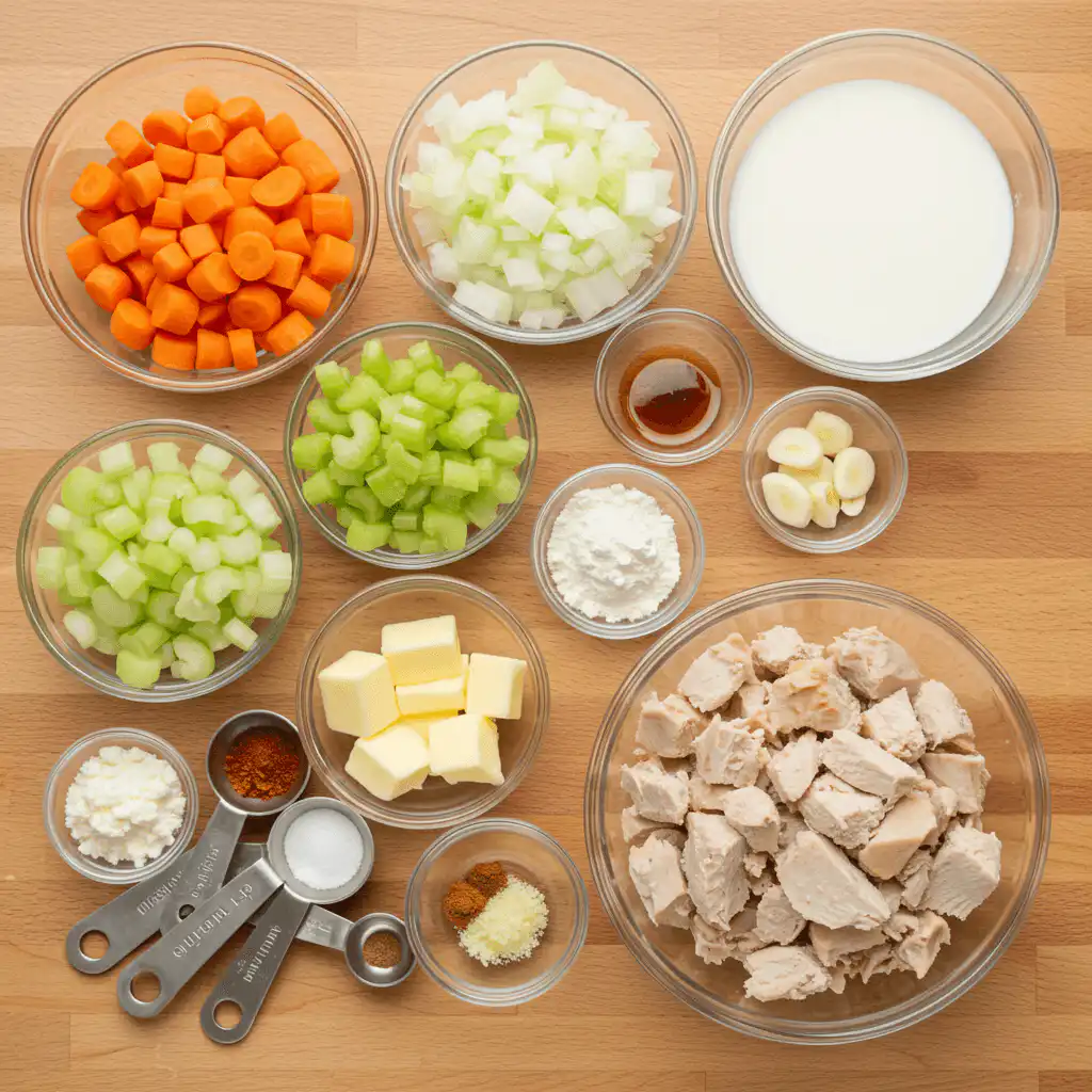 Ingredients for leftover turkey soup including veggies and turkey