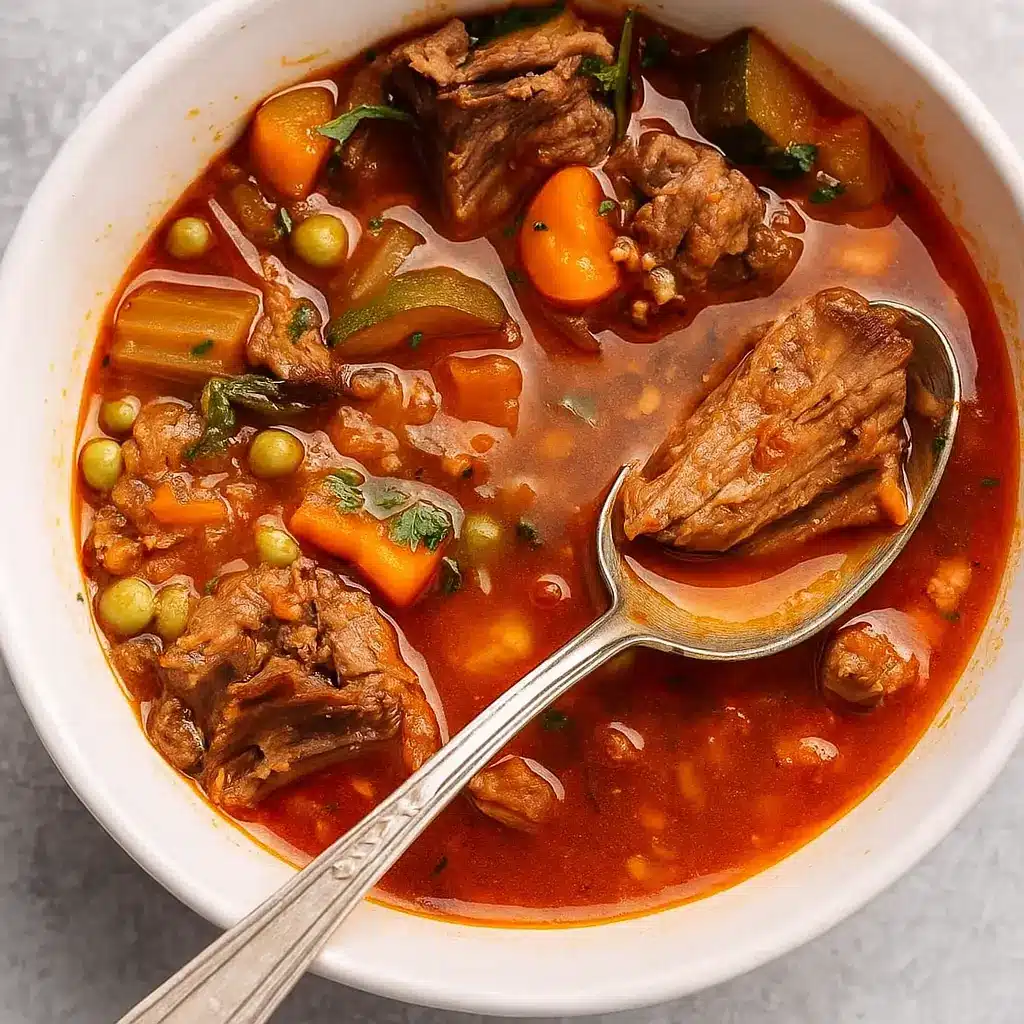 old fashioned vegetable beef soup in bowl